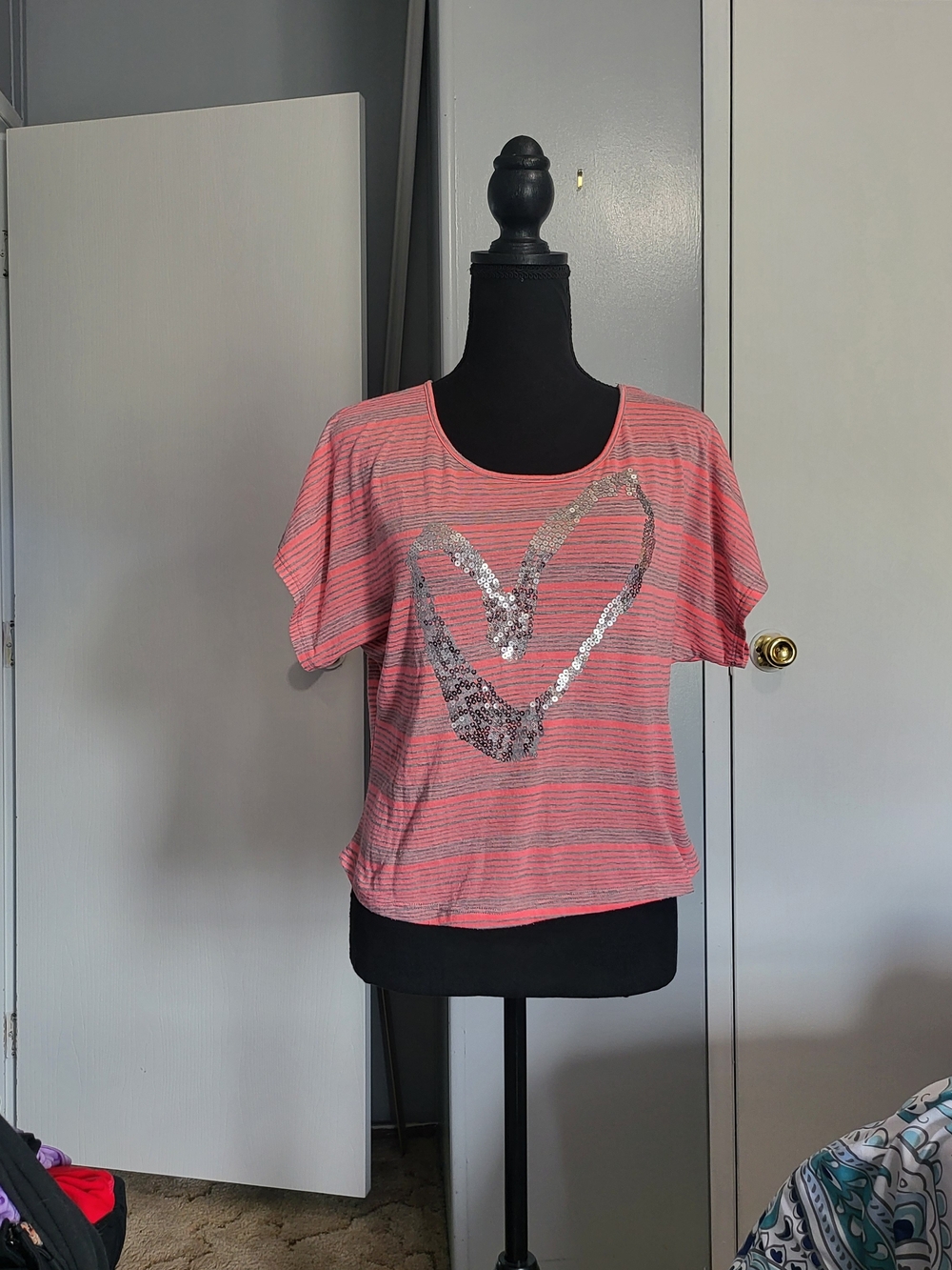 Almost Famous Pink Striped Sequin Heart Tee